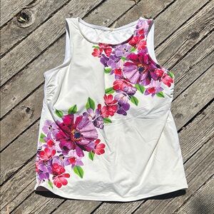 Lands' End White and Pink Sleeveless swimming Tank Top with Floral Design